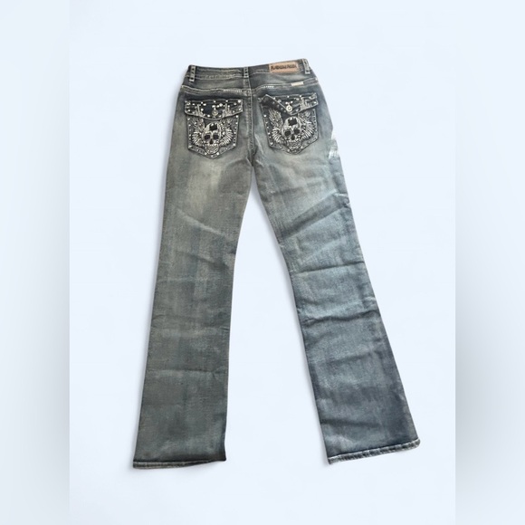 PLATINUM PLUSH LADIES SKULL & WINGS RHINESTONE DENIM BOOT CUT JEANS - WOMENS 11 - Picture 5 of 7